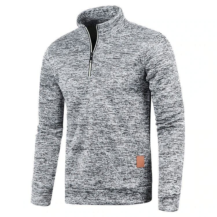 Men's solid gray sweatshirt with half zipper and turtleneck collar, perfect for casual comfort and warmth.